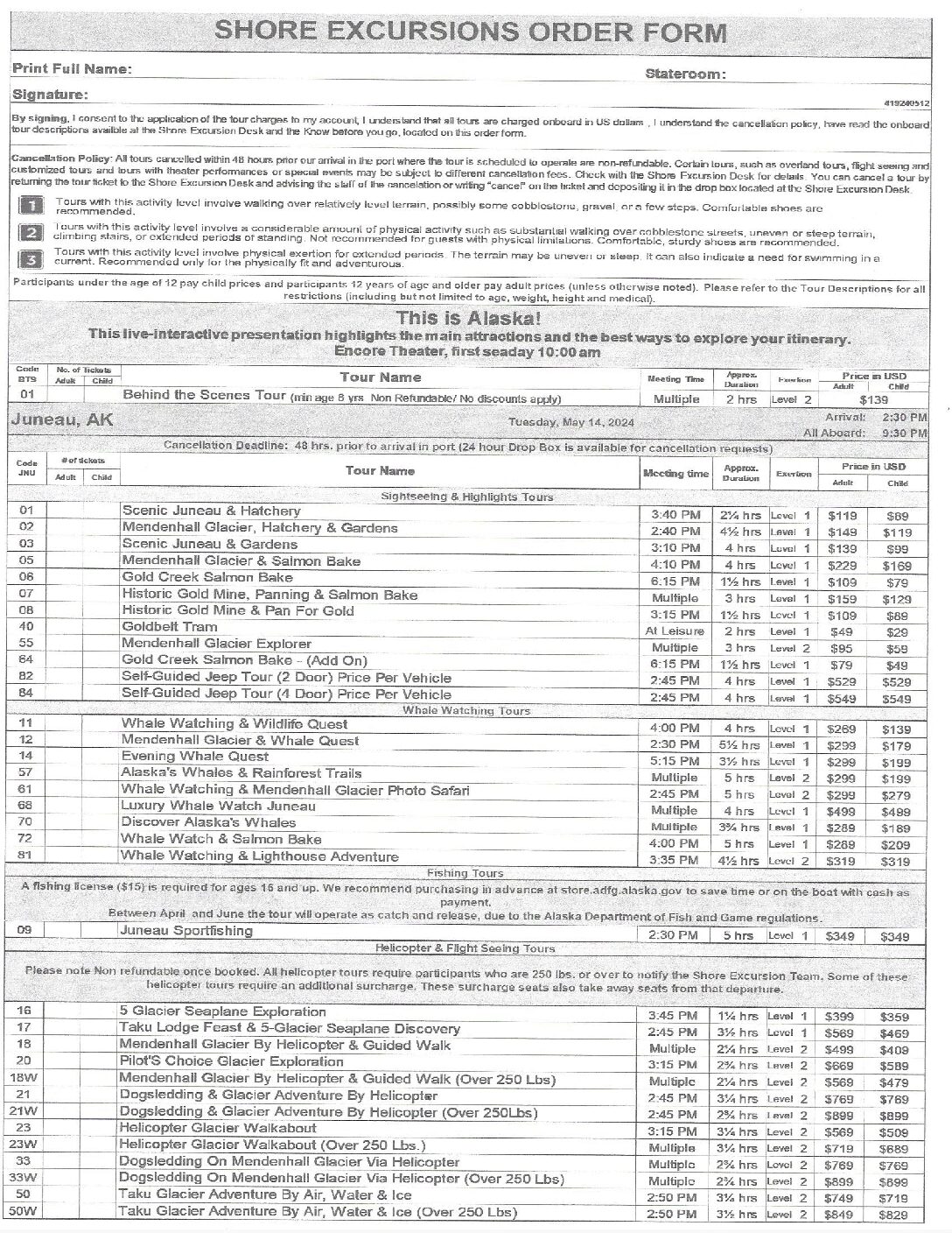 NCL Encore Alaska 2024 Onboard Excursion List